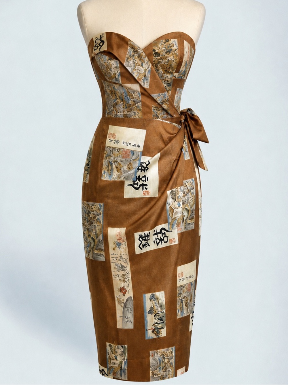 Vintage Alfred Shaheen Honolulu Silk Sarong Dress Hawaiian Tiki Novelty Print